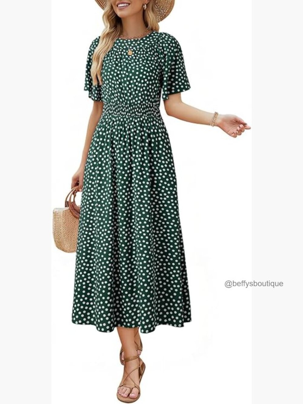 Smocked A-Line Midi Maxi Dress Short Sleeve Flowy Summer Boho Dress